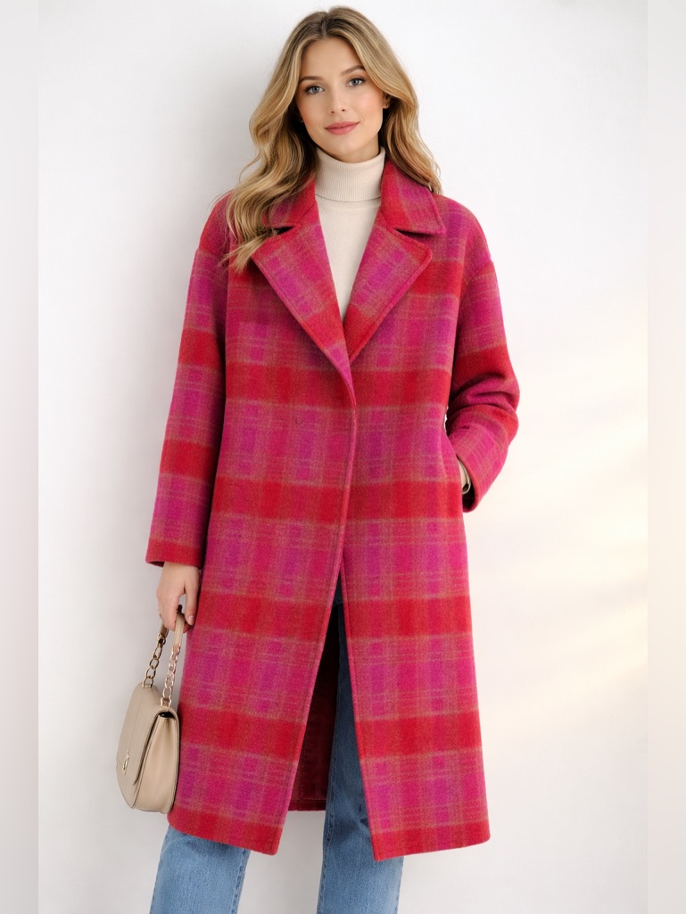 La Fe Maraboute Plaid Wool Coat Women’s Red Pink Longline Oversized Jacket Nwt